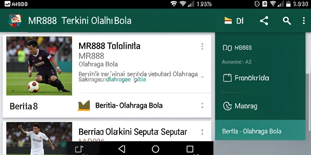 Tampilan utama aplikasi MR888 dengan berita olahraga bola terkini.